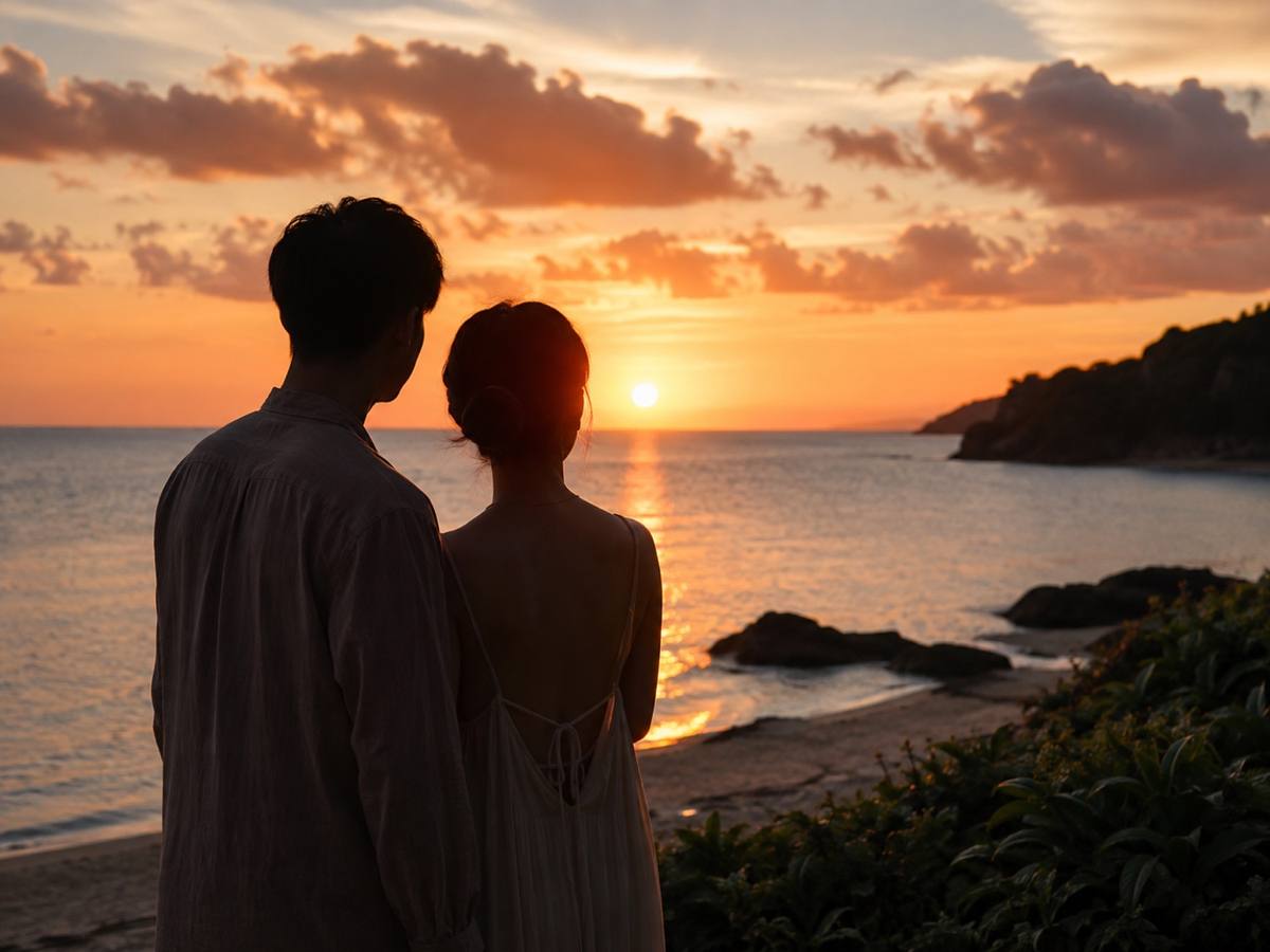 夕暮れの海辺に立つふたり