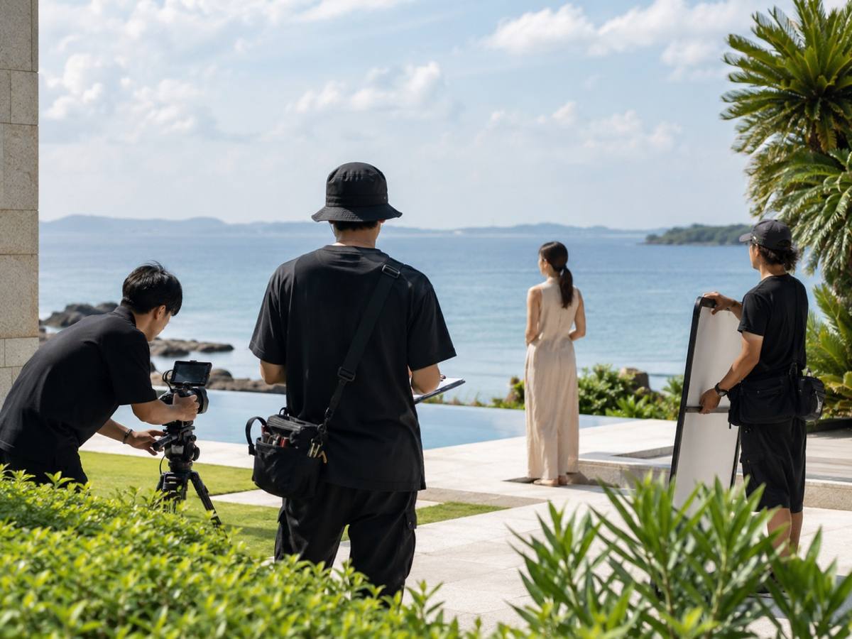 海辺での撮影クルー